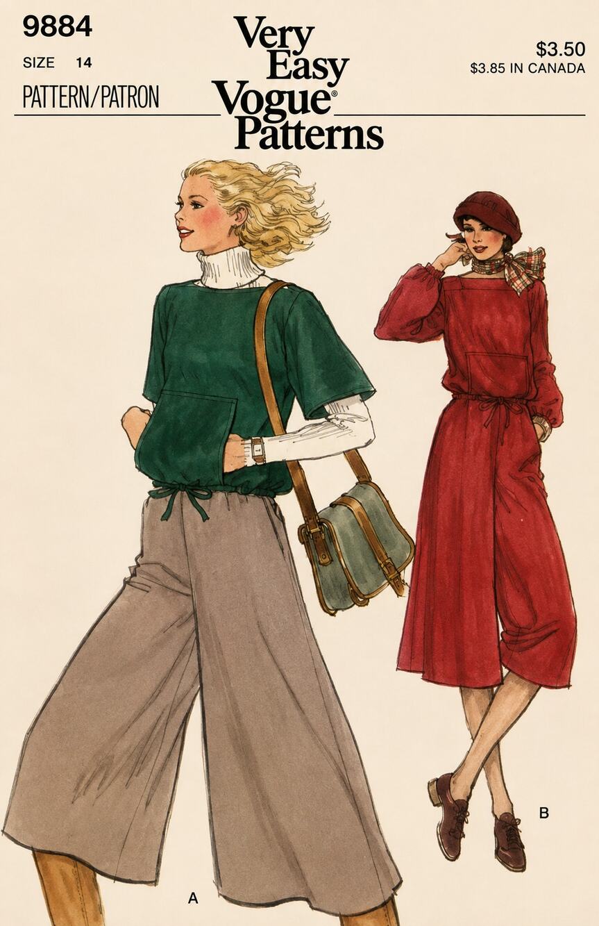VTG 70s Vogue 9884 Misses Pull-over Top & Culottes pockets Pattern Sz 12 UNCUT